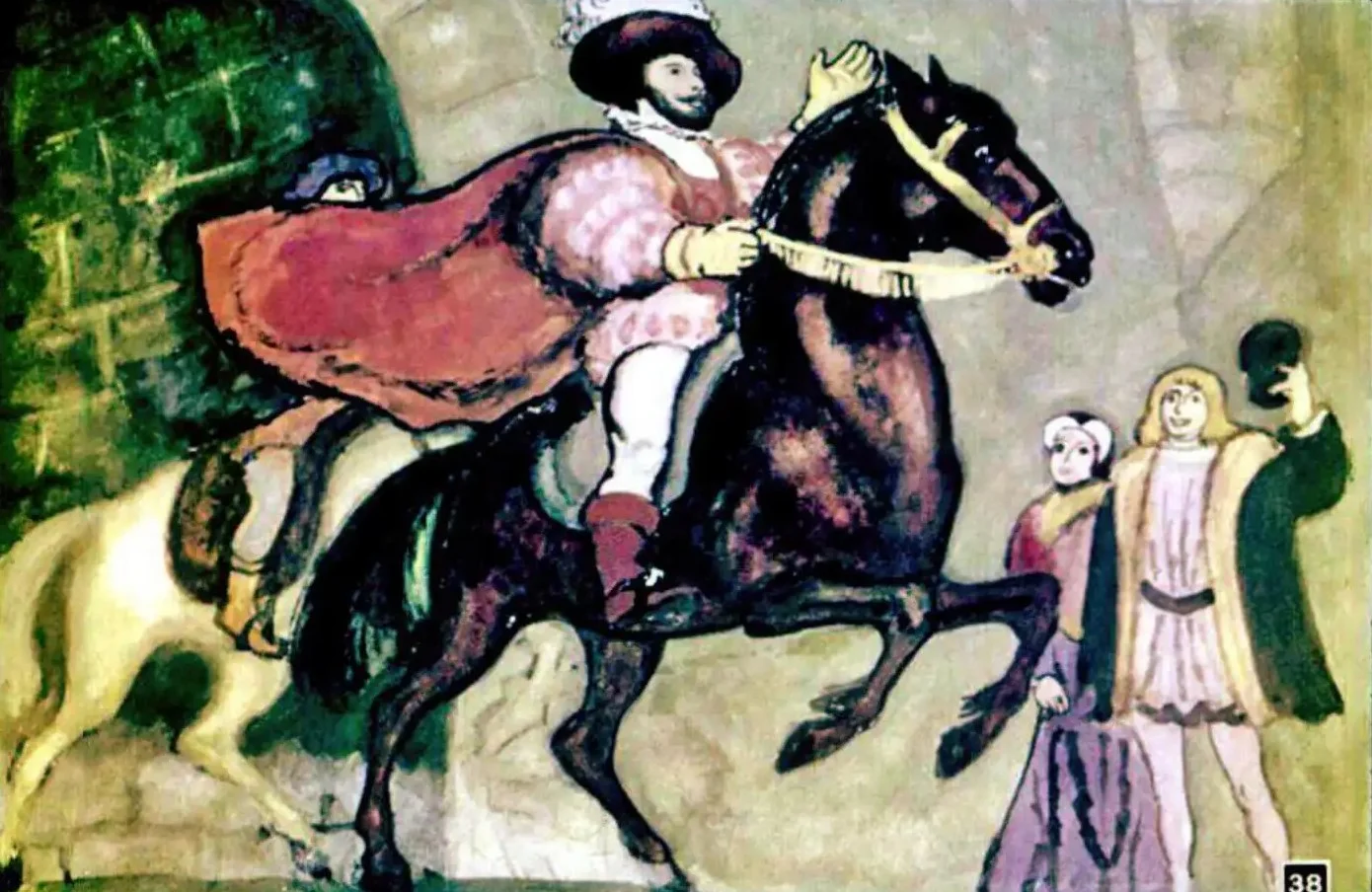 Ilustratie cu un print pe cal, in jurul caruia se afla oameni, descriind o intalnire la curte.