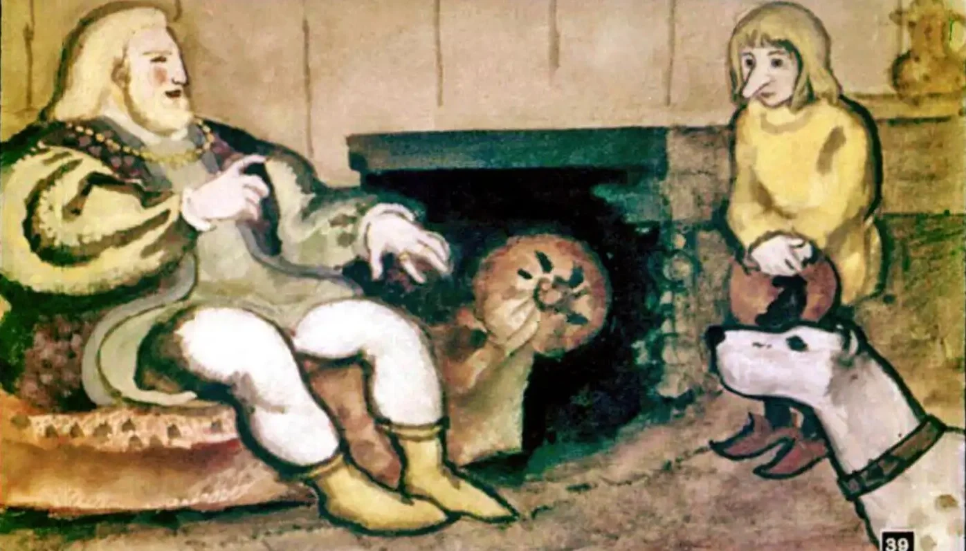 Ilustrație cu un pitic, un prinț și un câine, în fața unui șemineu. Piticul este chemat să gătească pentru oaspeți.