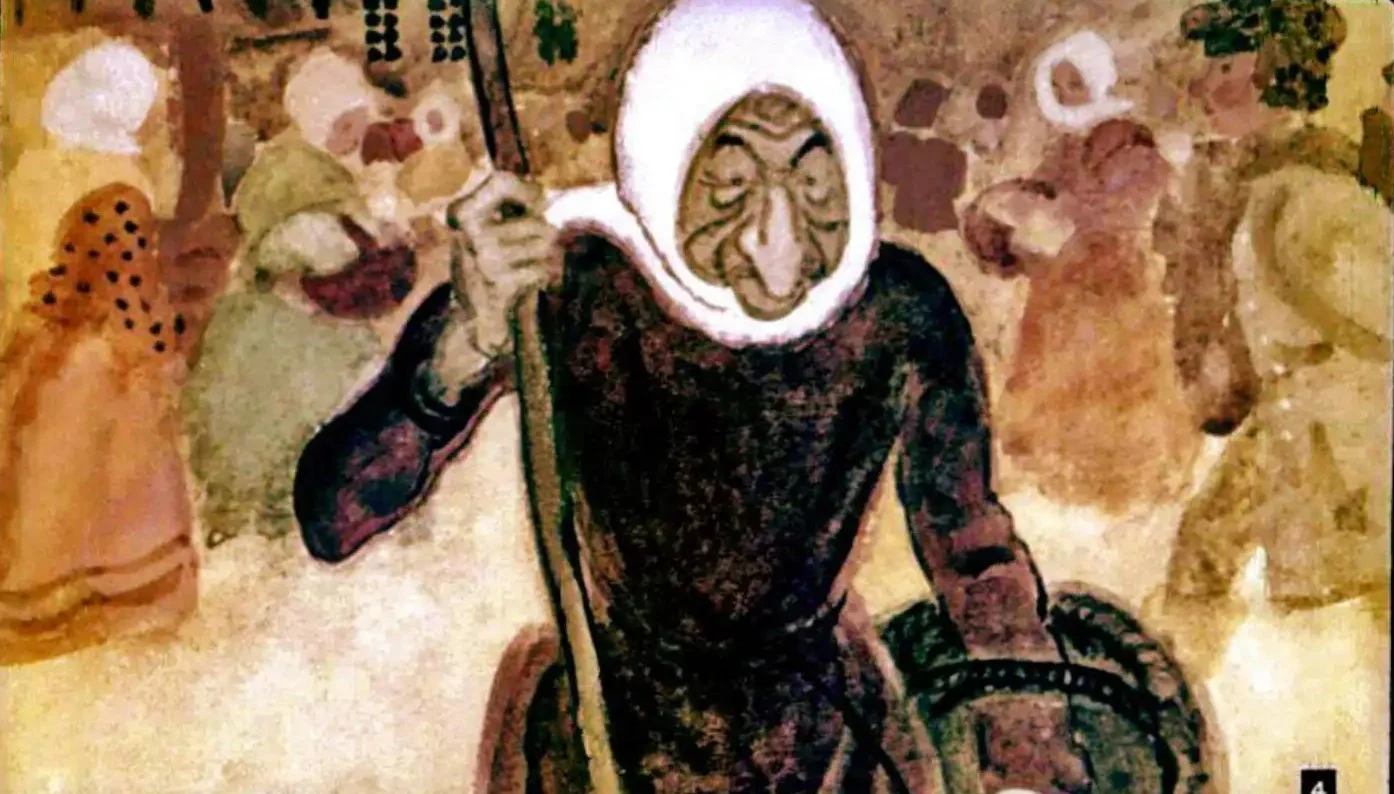 O ilustrare cu o batrana urata in piata, avand un nas foarte mare.