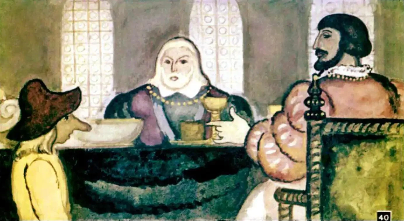 O ilustrare cu un grup de personaje la o masă, discutând despre mâncare.