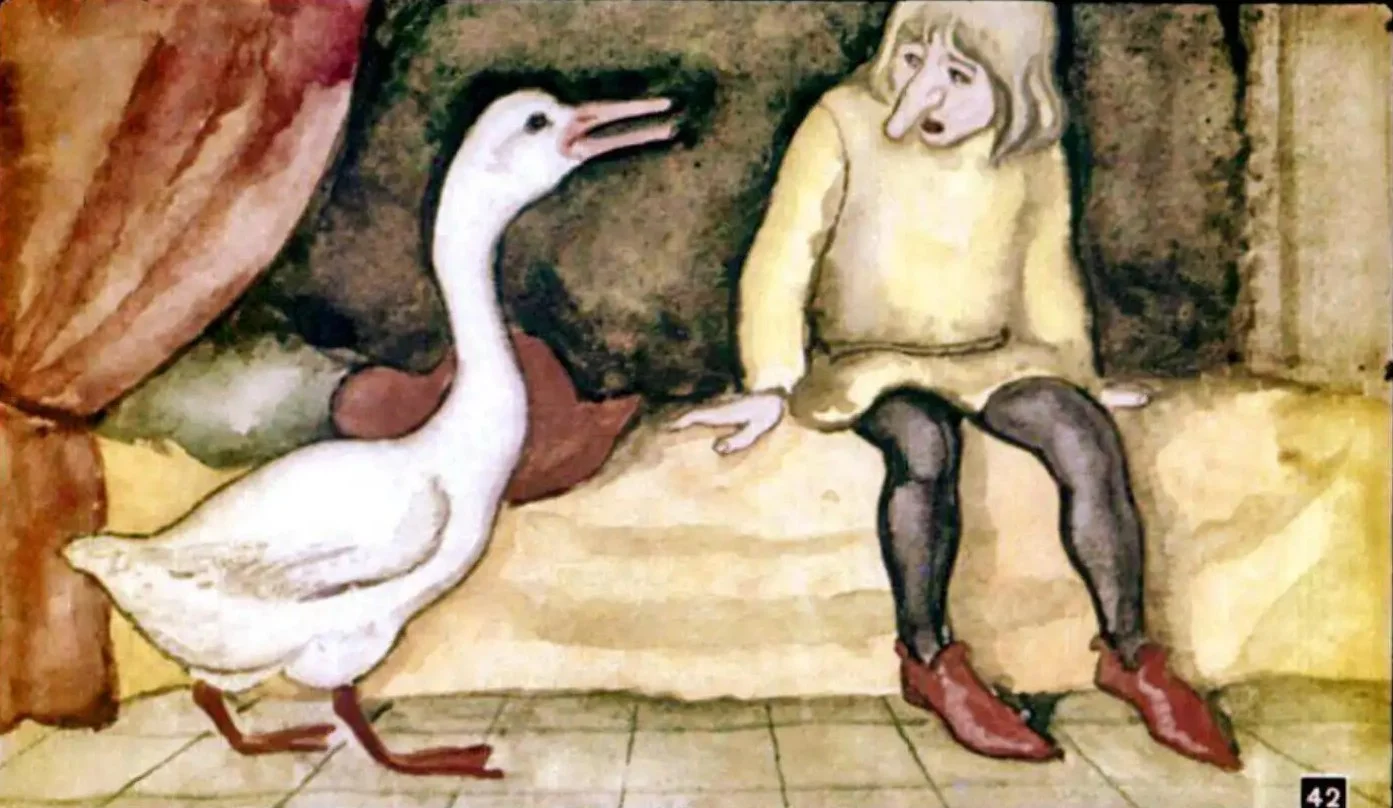 Ilustrație cu o rață și o persoană care discută despre o plantă, cu un decor de interioare.