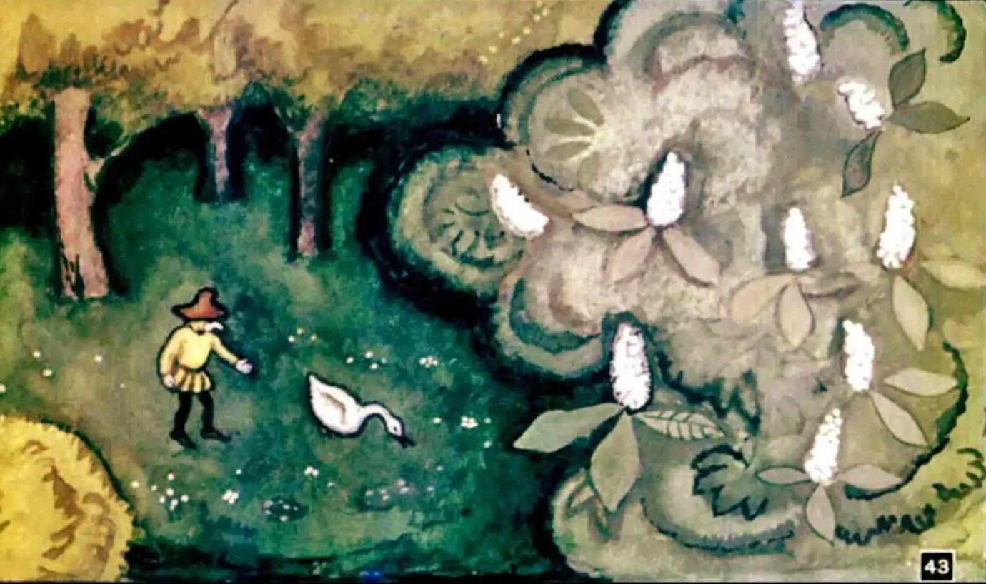 Ilustrație cu un personaj în pădure, alături de un raț și flori, acompaniată de text descriptiv.