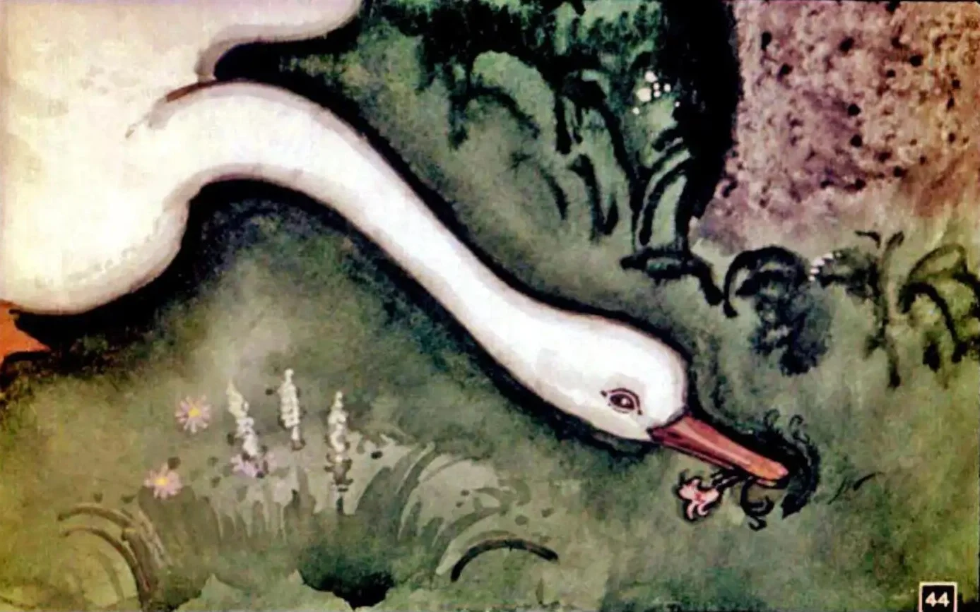 Ilustrare a unei gâște căutând o plantă într-un peisaj natural.