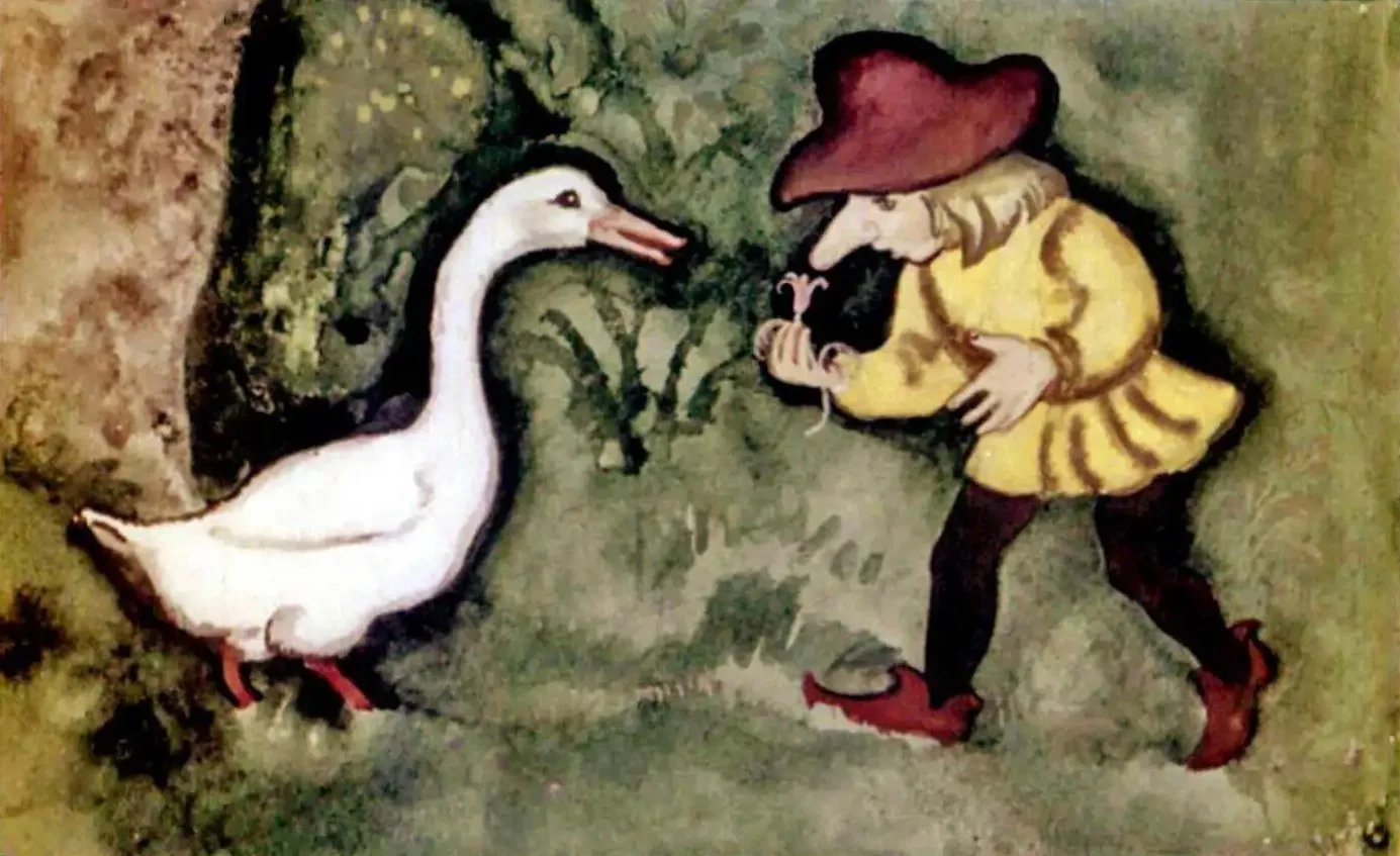 Ilustrație cu un băiat și o gâscă, băiatul ținând gâsca, amintind de o poveste.