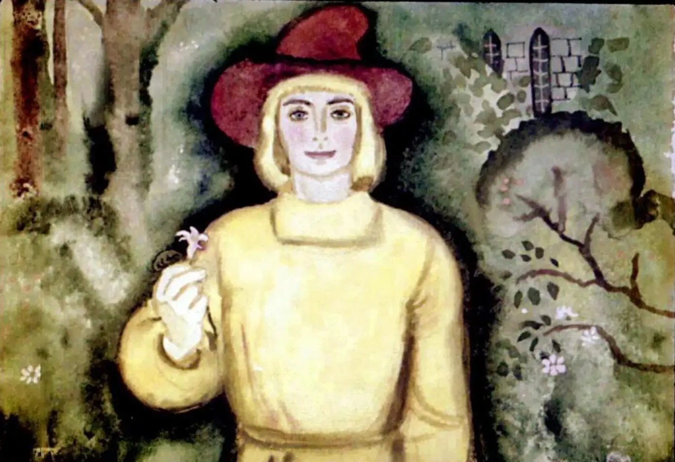 Ilustratie a unui tanar cu palarie rosie care tine o floare intr-o gradina.