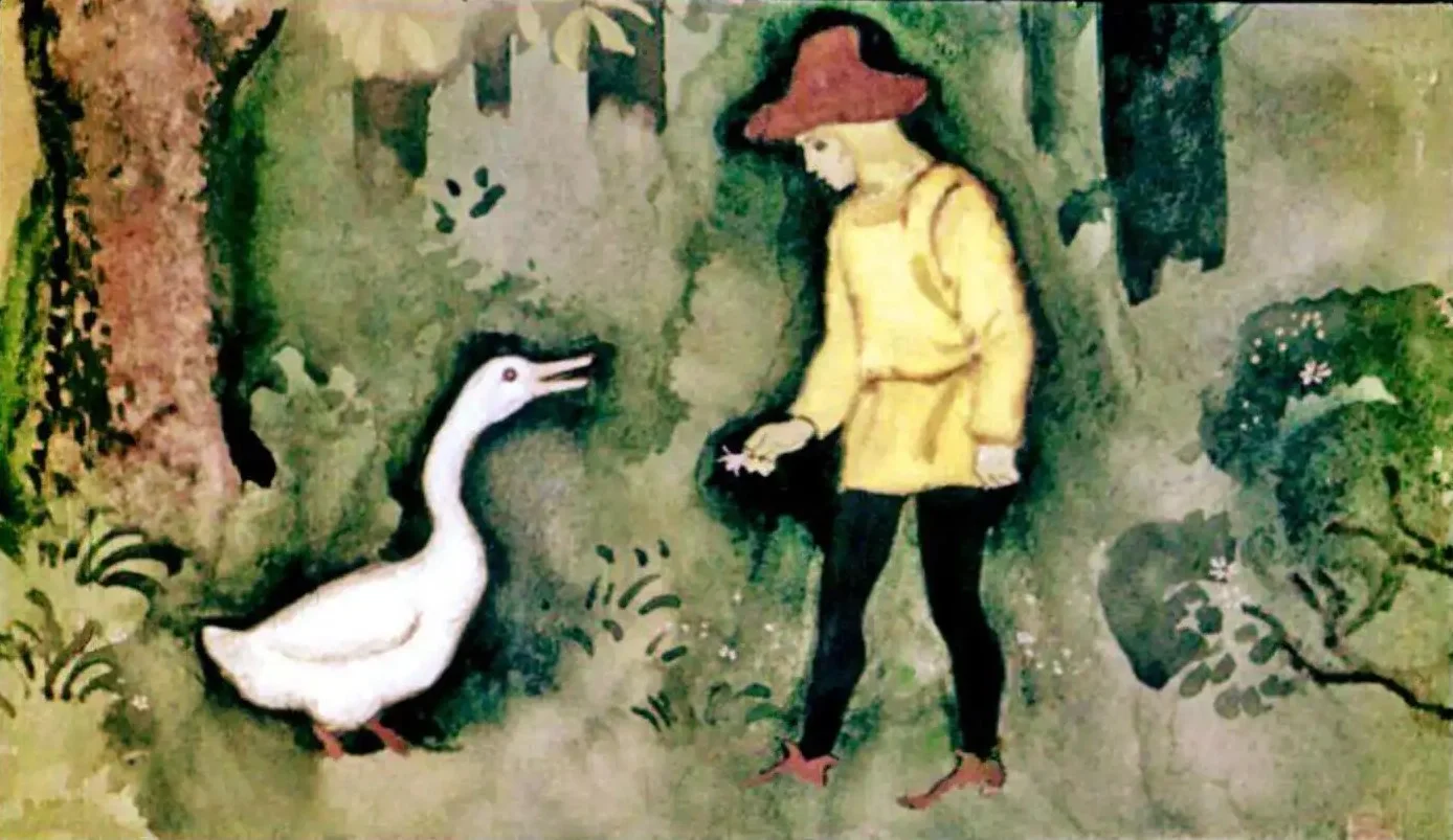 Ilustrație cu o fetiță și o rață, cu text despre bucuria Mimis și transformarea prietenului ei în Iacob.