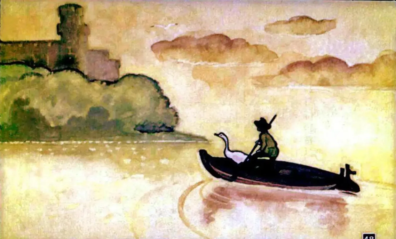 Ilustratie cu un tanar si o lebada pe o barca, navigand spre insula Gotland.