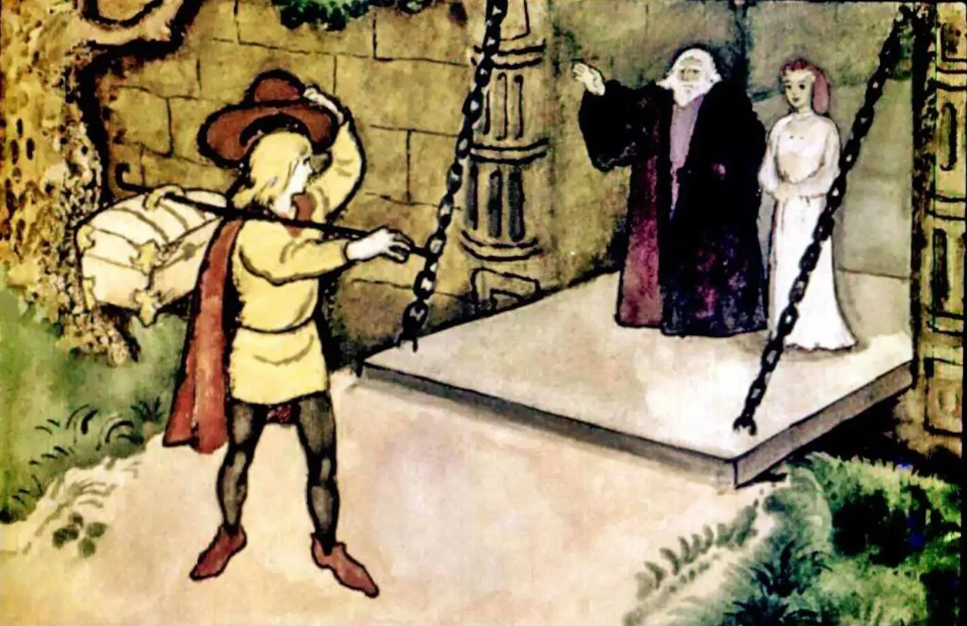 Ilustrație care prezintă o scenă dintr-o poveste, cu un tânăr care se întâlnește cu un vrăjitor și o femeie, într-un peisaj de poveste.