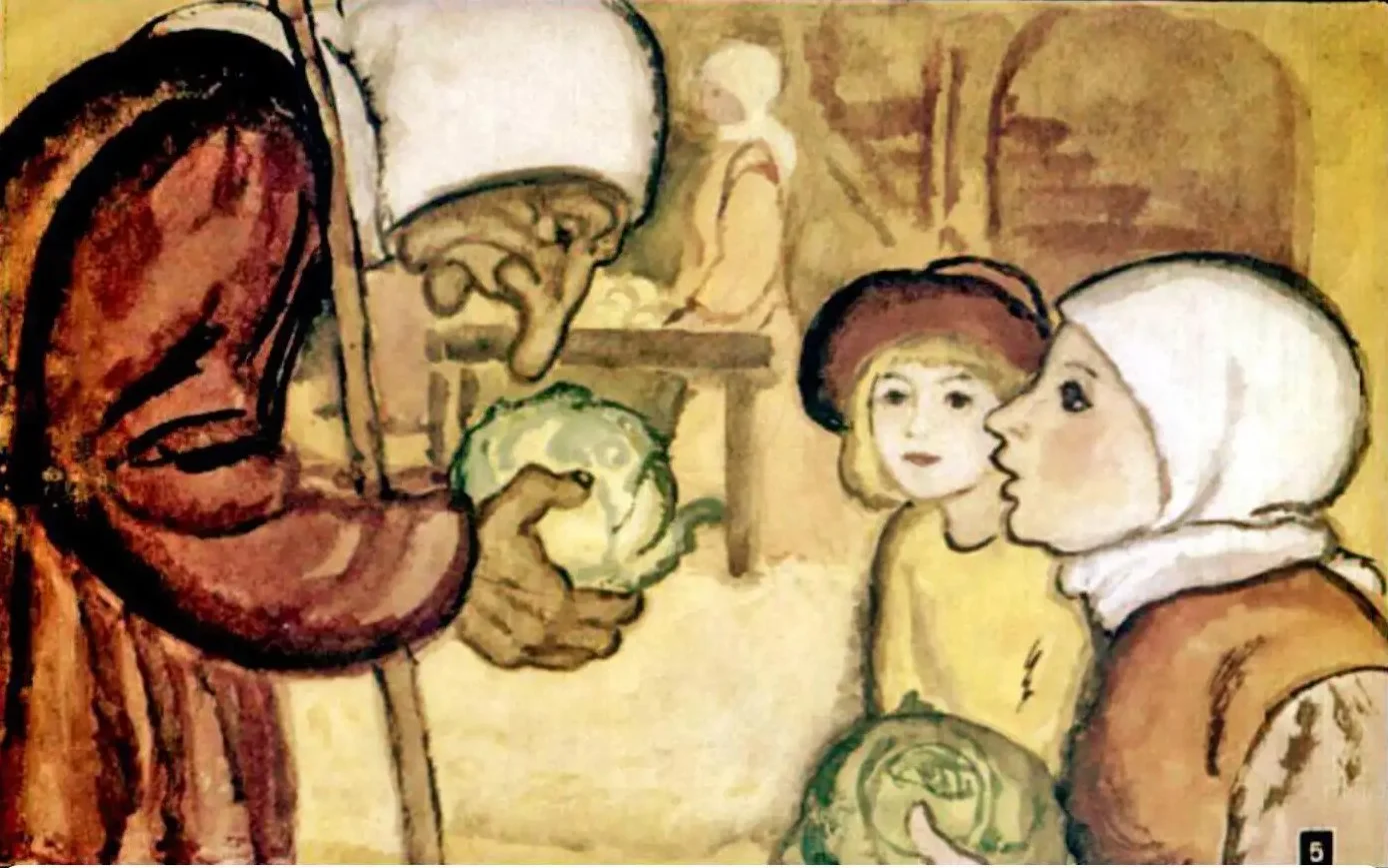 O scenă dintr-o piață cu o bătrână și doi copii care vând legume.