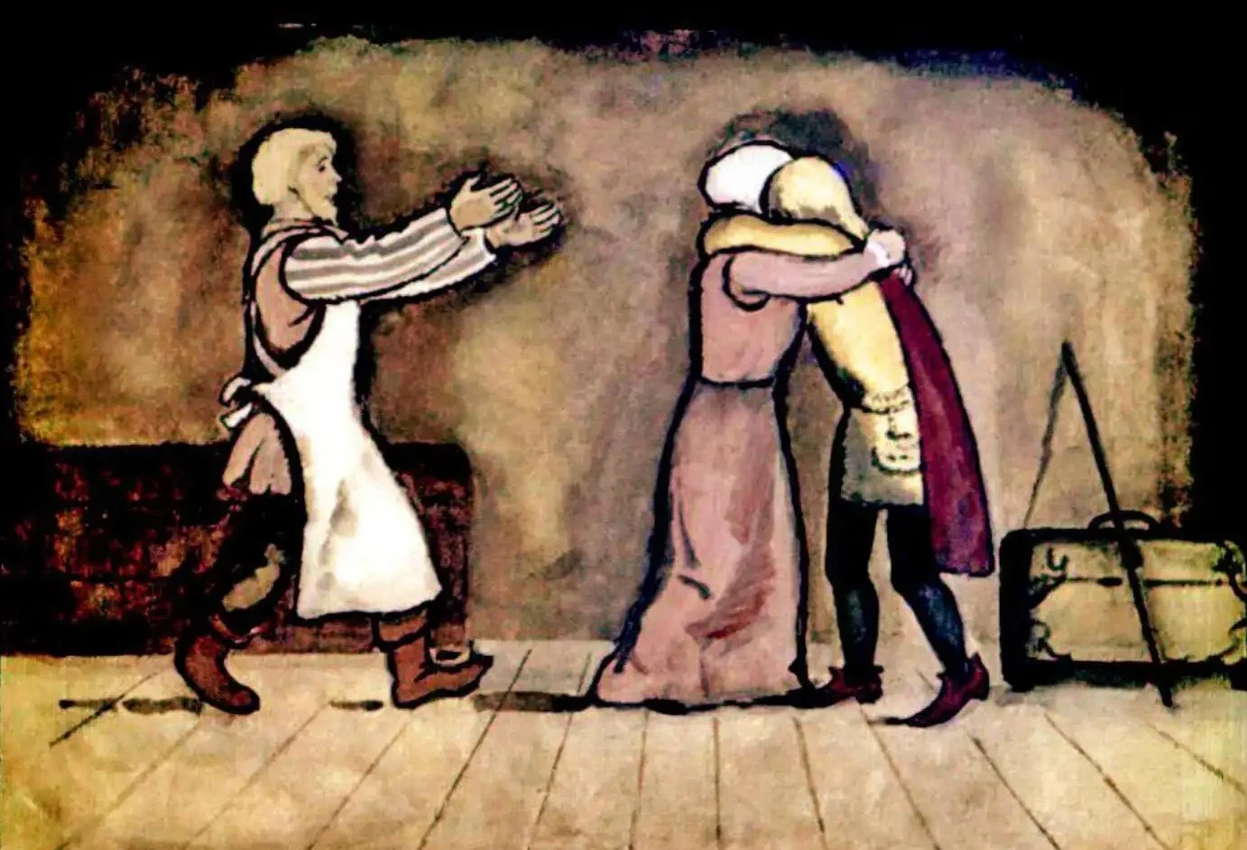 O scenă ilustrată cu un grup de personaje care se îmbrățișează, însoțită de text explicativ despre întoarcerea lui Iacob la părinți.