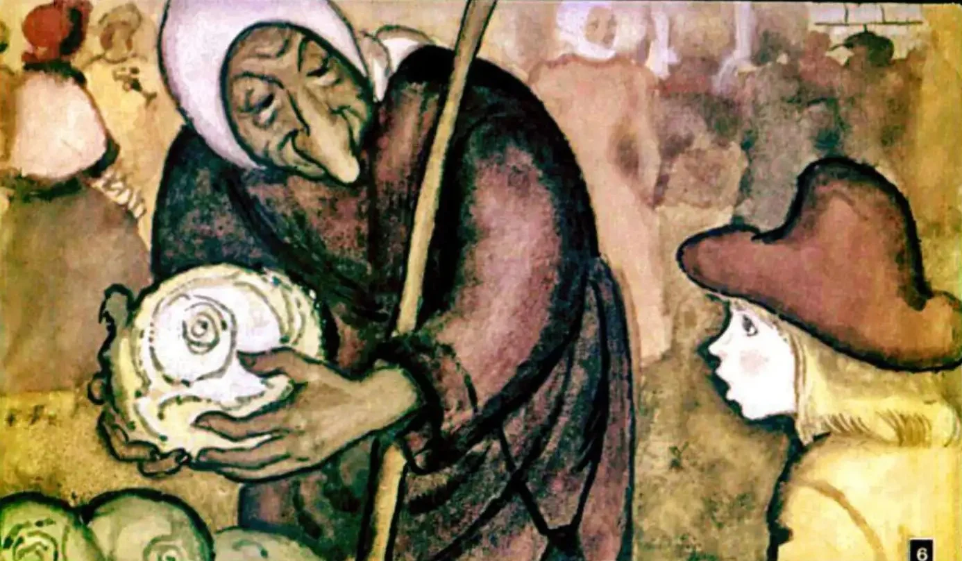 Imagine cu o bătrână care discută cu un copil despre legume, în contextul unei tarabe pline de verdeață.