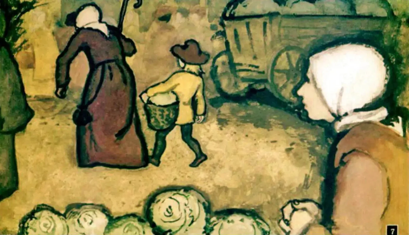 Ilustratie cu personaje care interactioneaza intr-o piata, exemplificand o scena de cumparaturi traditionale.