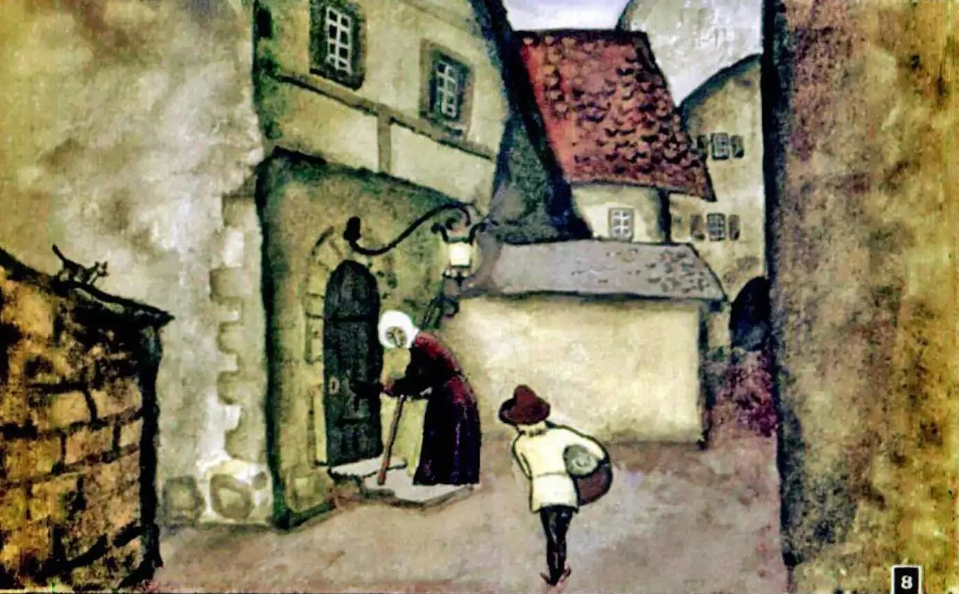 Ilustratie care reprezinta o scena de poveste in care Iacob si o batrana se indreapta spre o casa veche intr-o mahala.