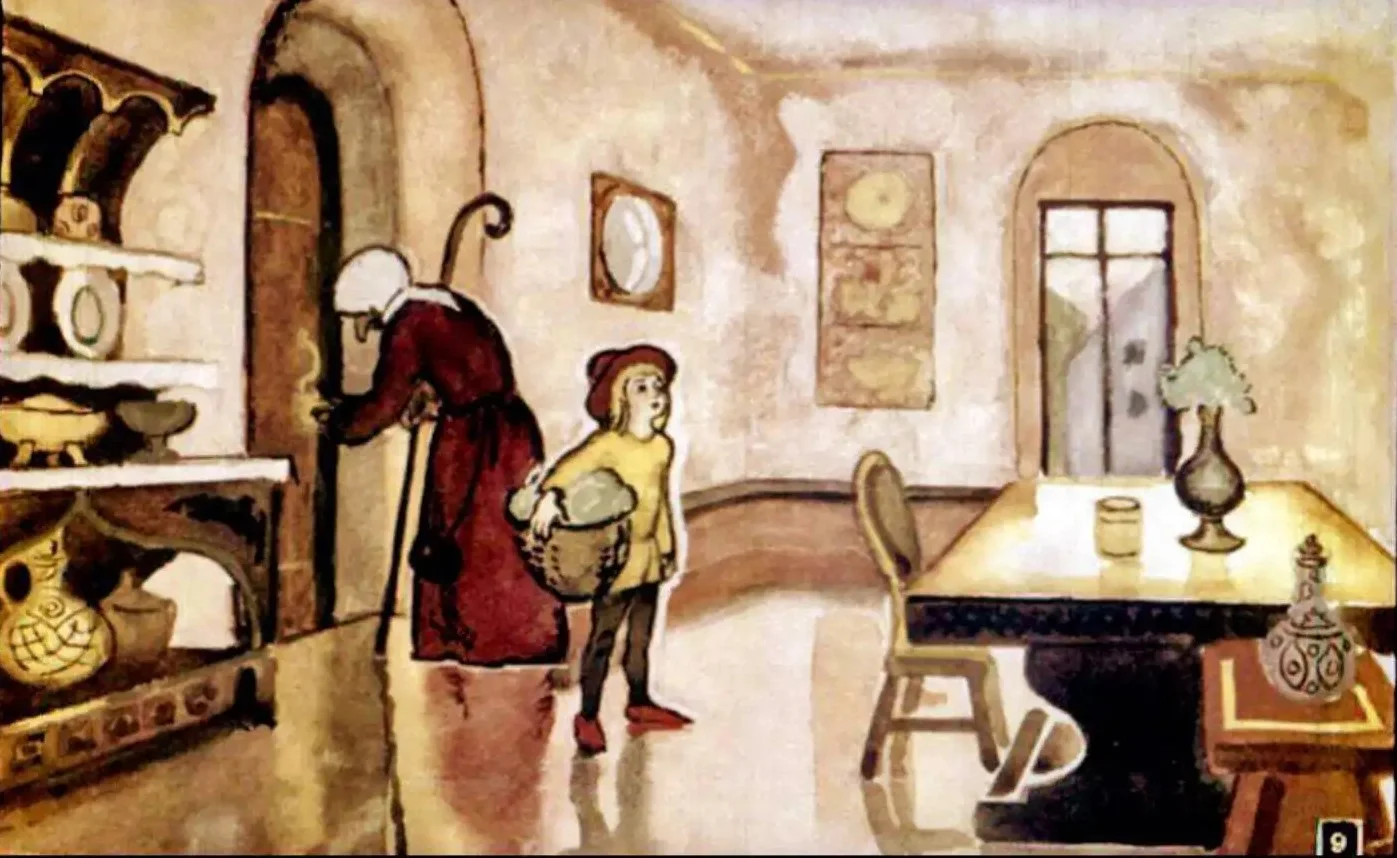 Ilustrație a unei scene din interiorul unei case, cu un bătrân și un copil, în stil artistic.