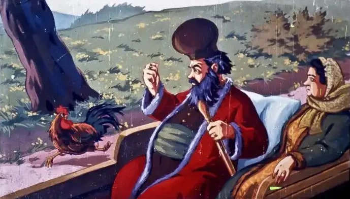 O ilustrație cu un bărbat și o femeie stând într-un vehicul, cu un cocoș în față și un peisaj de natură în fundal.