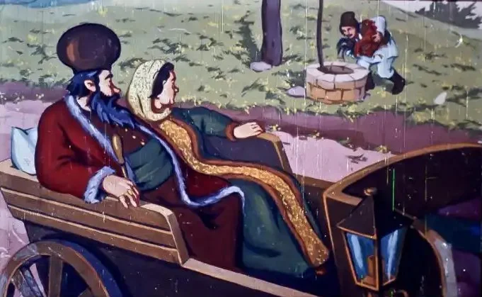 Imagine ilustrativă cu un boier și o doamnă în caruță, iar în fundal, un vizitator aruncând ceva într-o fântână.