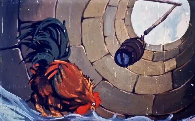 Ilustrație animată cu un cocos lângă un puț, observând pericolul.