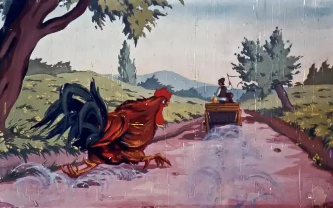 Ilustrație animată cu un cocoș și o trăsură pe un drum, evocând un scenariu narativ din folclor.
