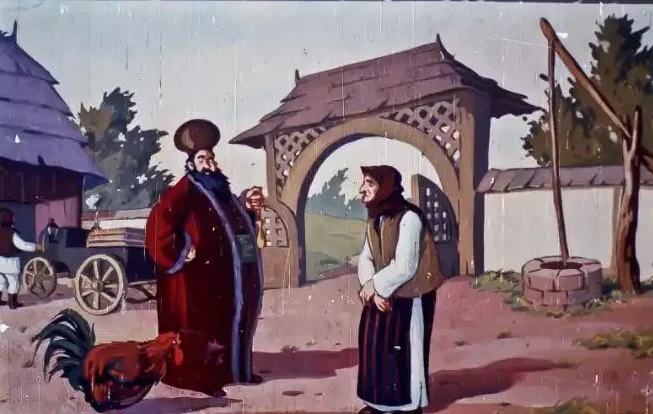 Ilustrație colorată cu un boier și o femeie, într-un peisaj rural, discutând în fața unei porți, cu un cocoș în prim-plan.