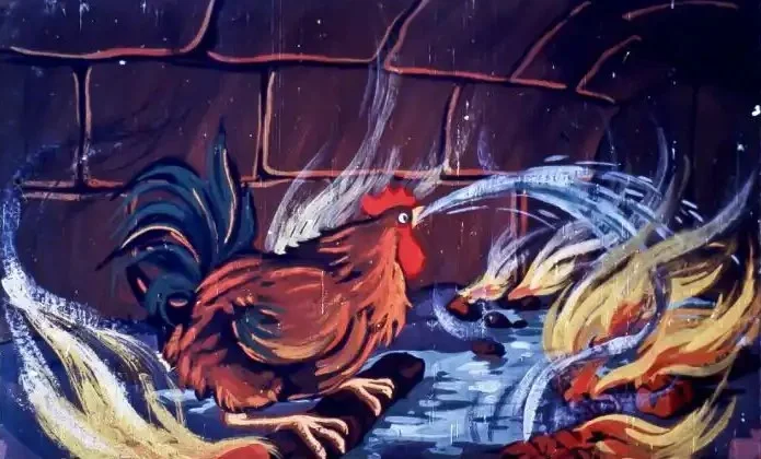 O ilustrație cu un cocoș care varsă apă într-o fântână, în contextul unei povești despre nedreptate.