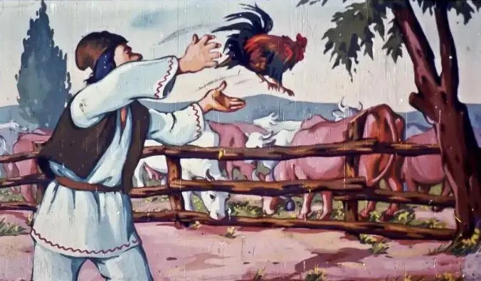 Un bărbat aruncă un cocoș înspre o turmă de animale, în timp ce vorbește despre o situație ciudată.