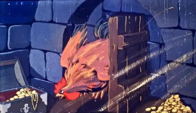 Ilustrație animată cu un cocoș în fața unei uși de cămară și tezaur, text descriptiv despre reacția unui boier.