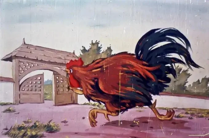 Desen animat cu un cocoș care aleargă către un poartă, cu text în partea de jos.