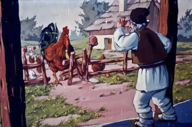 Ilustrație cu un bătrân strigând la stăpânul său lângă o fermă, în vreme ploioasă.