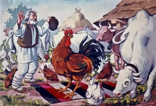 O ilustrație cu un bătrân în mijlocul unei ferme, înconjurat de animale precum vaci și găini, care se află lângă un cocoș pe o pătură.