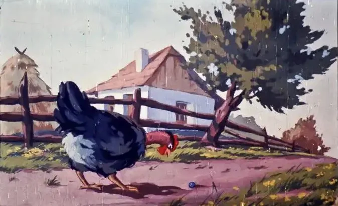 Ilustrație a unei găini care aleargă pe un drum, cu o casă și copaci în fundal.