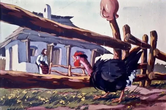 Ilustrație cu o păsărească care se îndreaptă spre un cuibar, cu o femeie în fundal și o casă tradițională.