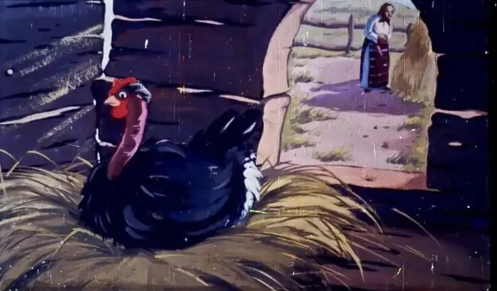 O ilustrație cu o găină pe o cuibă, în fundal o femeie care se îndreaptă spre ea.