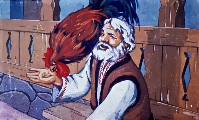 Imagine cu un moșneag și un cocoș, cu text care spune despre viața liniștită a moșneagului.