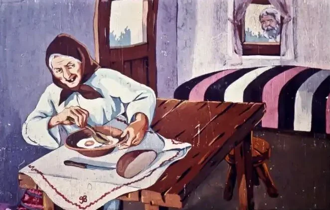 Imagine care ilustrează o bătrână care gătește ouă într-o bucătărie tradițională.