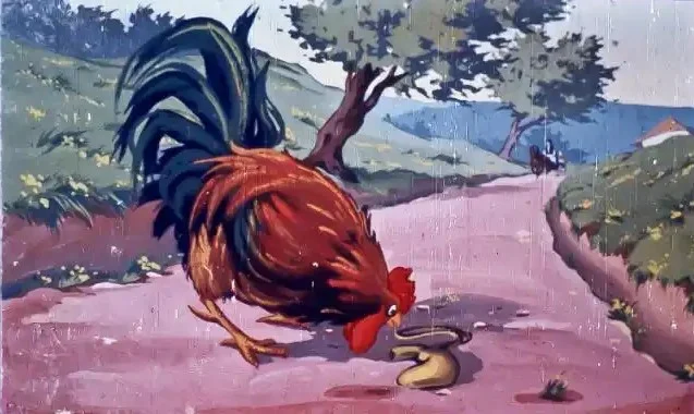 Ilustrație colorată cu un cocos pe drum, găsind o pungută. Text explicativ despre aventurile cocosului.