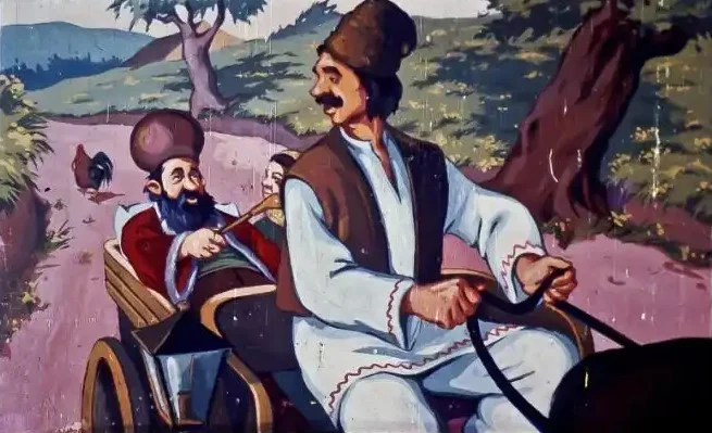 Imagine colorată ilustrând o scenă de transport tradițional cu un boier și un vizitator într-o trăsură.