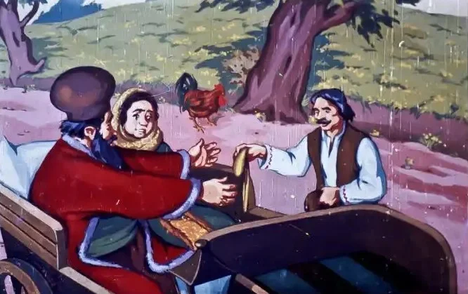 Ilustrație care prezintă o scenă în care un vizitiu dă o pungă unui boier și pornește cu trăsura.