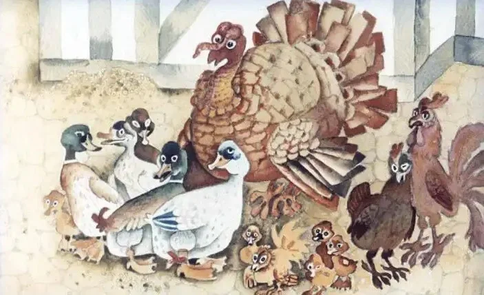 O ilustrație cu diverse păsări, inclusiv o curcă, rațe și găini, adunate într-un mediu rustic.