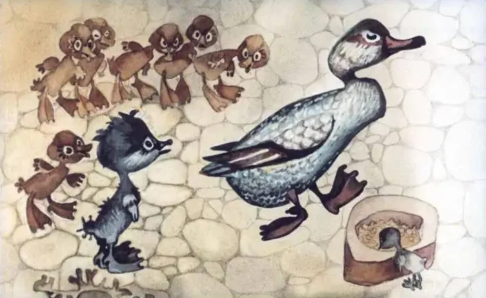 O ilustrație care prezintă o rață cu puii săi pe o alee de piatră.