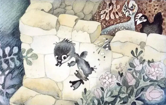 Desen animat cu un animal mic și jucăuș sărind de pe un zid, cu plante și alte animale în fundal.