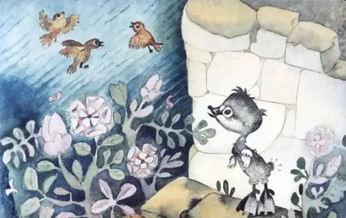 Ilustrație colorată cu o pasăre mică pe un fundal cu flori și două păsări zburând.