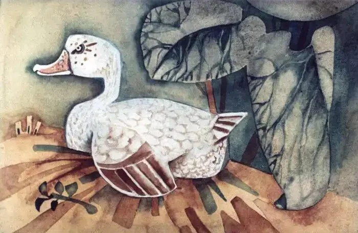 Ilustrație cu o rață albă pe un fundal de plante.