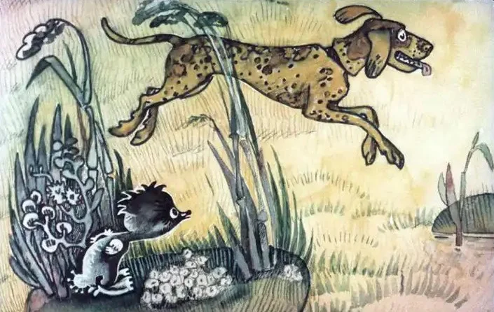 Ilustrație cu un câine care sare peste iarbă, însoțit de un personaj mic și drăguț, înconjurat de plante și flori.