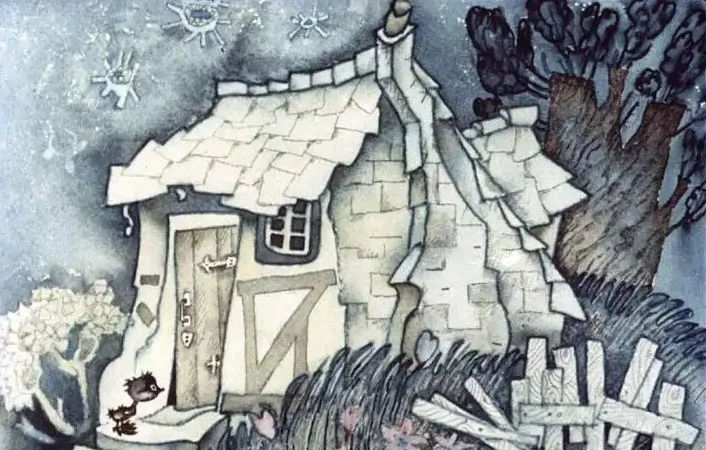 Ilustrație a unei căsuțe cu un acoperiș din țiglă, într-un peisaj nocturn, cu un animal mic la ușa de intrare.