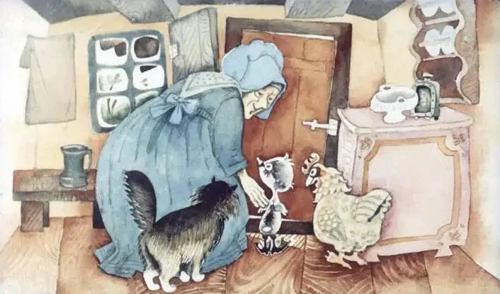 Ilustrație cu o femeie vârstnică îmbrăcată în rochie albastră, interacționând cu un pui de păsăre și o găină, cu un pisoi lângă ei, într-o încăpere rustică.