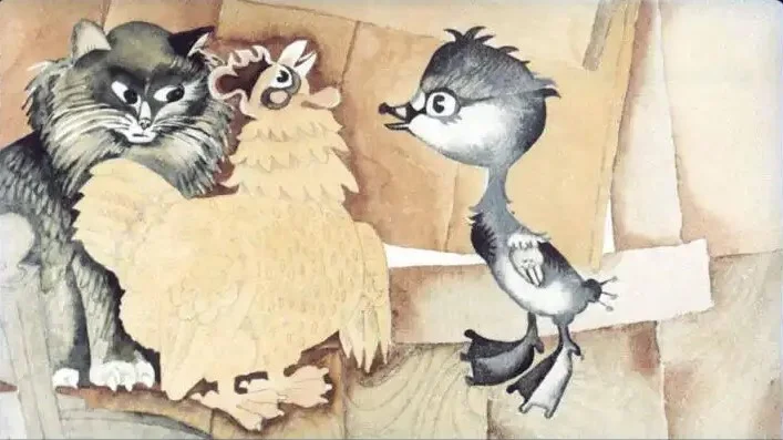 Ilustrație cu o pisică, o găină și un pui, înconjurați de un fundal de lemn.