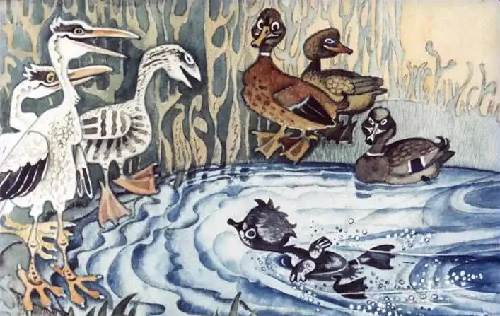 Ilustrație cu păsări lângă un iaz, incluzând stârci, rațe și o pasăre înotând în apă.