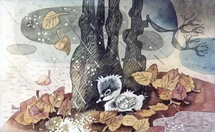 Ilustrație cu un pui de rață așezat sub un copac, în plină furtună, cu frunze care cad și picături de ploaie.