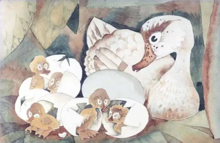 Ilustrație cu o rață protectoare și puii acesteia care ies din ouă.