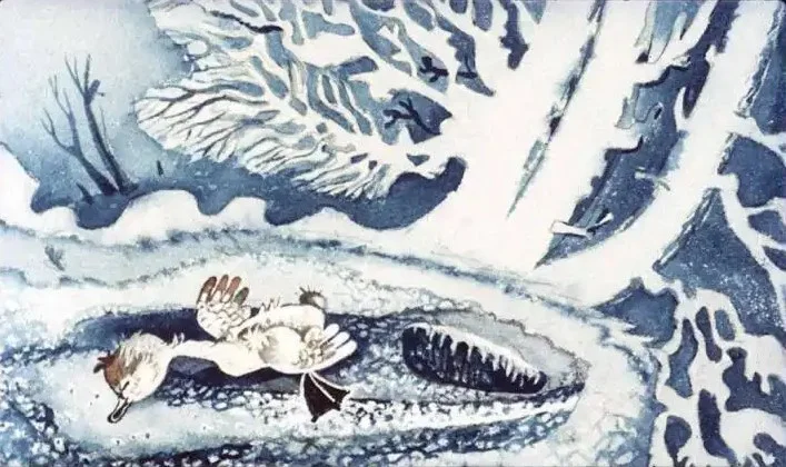 O ilustrație artistică care prezintă o rață pe un fundal acoperit de zăpadă, cu copaci înghețați în jur.